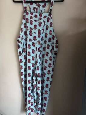 Light Aqua Blue Floral Overalls with Red Flower Print Size L